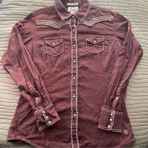 Ariat Western Cowgirl Pearl Snaps Brown Fitted Shirt Womens Size S